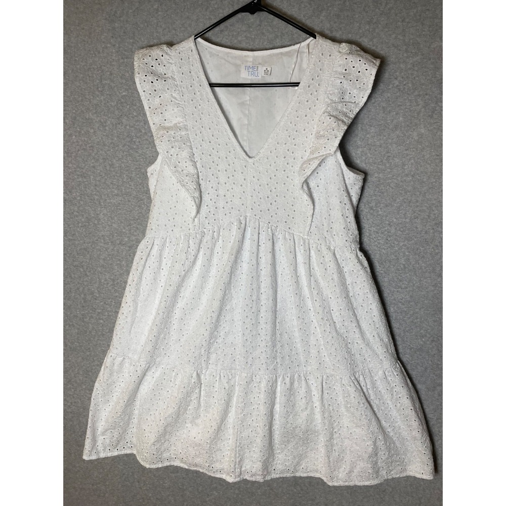 Time & Tru Eyelet Dress Medium White Short Pockets Western Cottagecore Ruffle